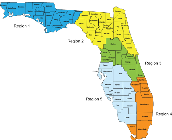 map of Florida counties colored by FCA region groups